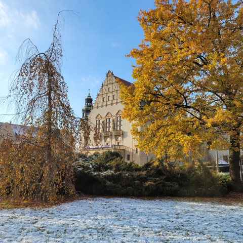 Zdjęcie przedstawia główny budynek UAM w zimowej odsłonie
