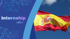 Promotional graphic announcing an internship offer in Spain, featuring the Spanish national flag waving against a blue sky with modern geometric design elements on a blue background