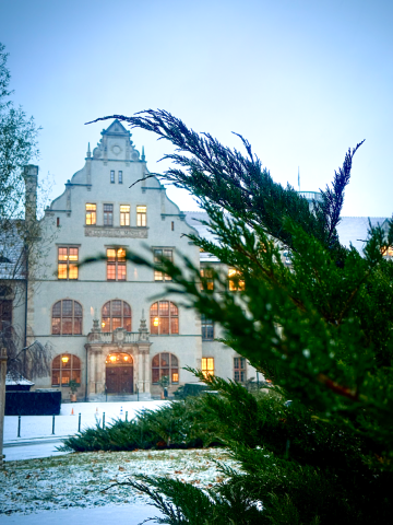 Główny budynek UAM, Collegium Minus, w świątecznej scenerii. Widok na budynek jest zza gałęzi świerku, który widnieje na pierwszym planie zdjęcia. 