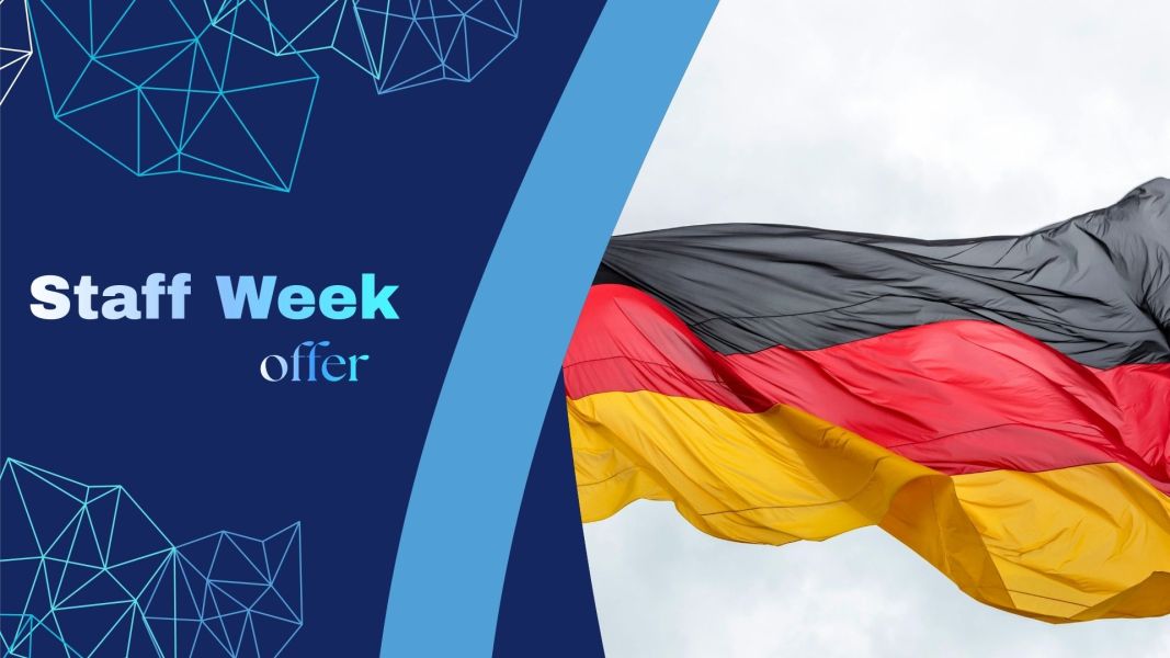 Promotional graphic announcing a staff week offer in Germany, featuring the German national flag waving against a blue sky with modern geometric design elements on a blue background
