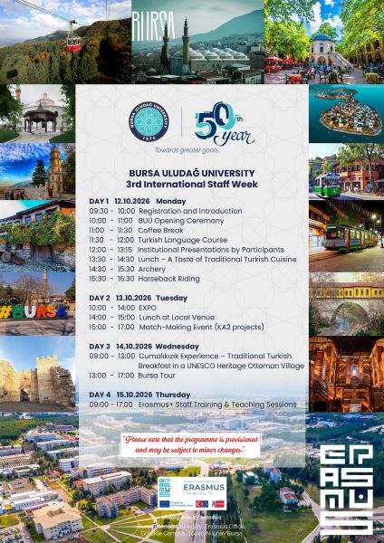 Promotional poster for the Bursa Uludağ University 3rd International Staff Week, celebrating the university’s 50th anniversary. The central panel presents a four-day programme scheduled for 12–15 October 2026, including registration, an opening ceremony, institutional presentations, a Turkish language course, traditional Turkish cuisine tasting, archery, horseback riding, an Erasmus+ project matchmaking event, a cultural excursion to the UNESCO-listed Ottoman village of Cumalıkızık, a Bursa city tour, and staff training sessions.