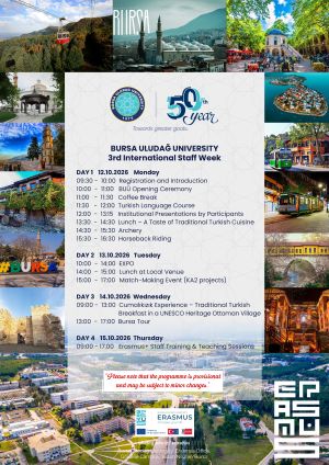 Promotional poster for the Bursa Uludağ University 3rd International Staff Week, celebrating the university’s 50th anniversary. The central panel presents a four-day programme scheduled for 12–15 October 2026, including registration, an opening ceremony, institutional presentations, a Turkish language course, traditional Turkish cuisine tasting, archery, horseback riding, an Erasmus+ project matchmaking event, a cultural excursion to the UNESCO-listed Ottoman village of Cumalıkızık, a Bursa city tour, and staff training sessions.