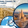 Promotional poster for Coordinate. Connect. ’26 – Erasmus+ Staff BIP, held 23–27 February 2026 at Eötvös Loránd University, Budapest. The design features photos of Budapest landmarks, including Fisherman’s Bastion and the Parliament by the Danube. A magnified map highlights Hungary’s location. Logos for Eötvös Loránd University and the Erasmus+ Programme appear at the top and bottom corners, along with a QR code for more information.