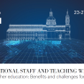 Poster for the International Staff and Teaching Week at Universidad Pontificia de Salamanca, held 23–27 March 2026. The theme is BIP “AI in higher education: Benefits and challenges for universities.” The design features a dark blue background with a digital wireframe illustration of a historic university building above a glowing world map grid. The university logo and the EU Erasmus+ co-funding logo appear on the left.