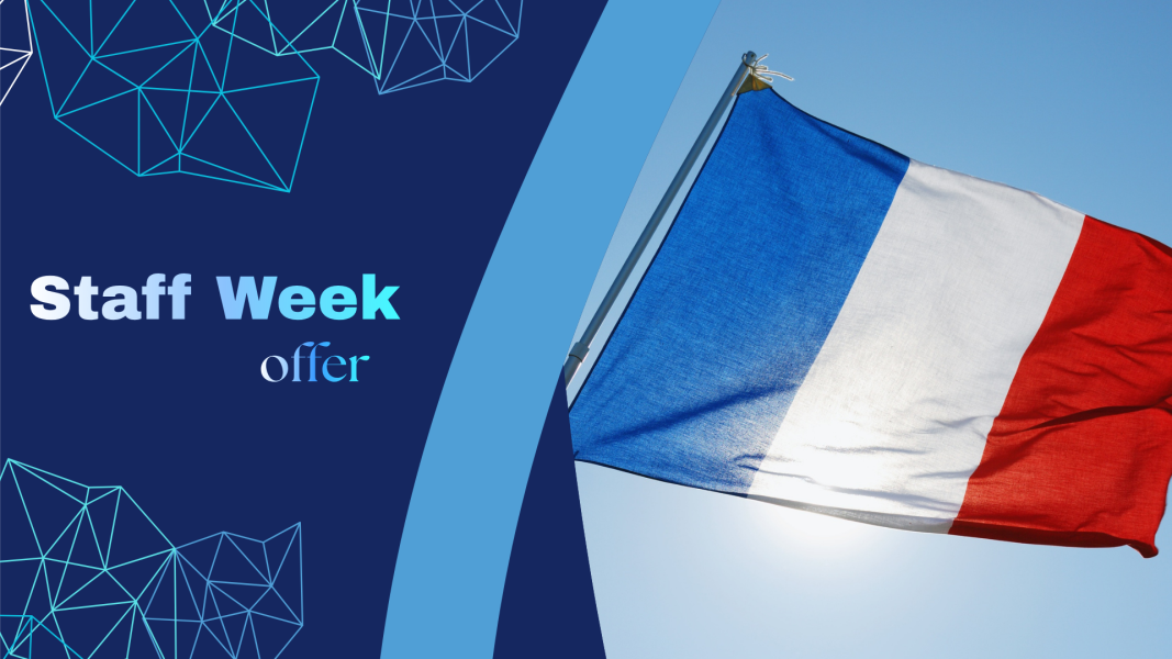 The French flag waves against a clear blue sky, shown beside a blue graphic panel with the words “Staff Week offer” in bold white text and geometric line patterns.