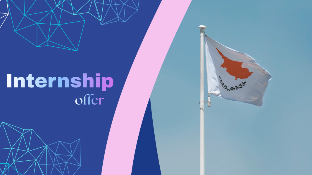 Split graphic with a blue geometric background on the left featuring the text “Internship offer” in gradient colors. On the right, a photograph of the national flag of Cyprus waving against a clear blue sky, showing the orange island silhouette and two green olive branches.