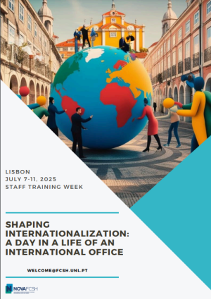 Grafika przedstawia plakat training week: Training Week: Shaping Internationalization: A day in a life of an Onternational Office. Na plakacie widać ludzi obejmujących kulę ziemską, a poniżej napis: Lisboon, 7-11 July, Staff Training Week