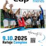 Poster for Euroasmus Cup 2025 and Friends. At the top, a photo shows a group of young men in sports uniforms celebrating a win, holding medals, flags, and raising their arms in victory. Below, large bold text announces the date: 9.10.2025 and location: Rataje Complex. A QR code with the words “informacje tu” (“information here”) appears to the right. Logos of organizers and partners, including UAM, Akademia Wychowania Fizycznego, and Poznań University of Life Sciences, are displayed at the bottom.