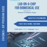 Poster for Erasmus+ Blended Intensive Programme ‘Lab-on-a-Chip for Biomedical Use’ organized by Pázmány Péter Catholic University in Budapest, showing schedule dates, credit value, partner universities, and an illustration of a pipette depositing liquid onto a microchip device.