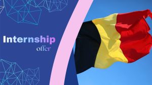 Promotional graphic announcing an internship offer in Belgium, featuring the Belgium national flag waving against a blue sky with modern geometric design elements on a blue background