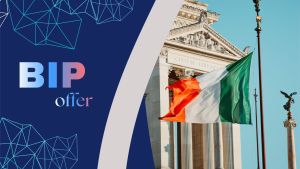 A split graphic with a dark blue panel on the left featuring geometric line patterns and the words “BIP offer” in a blue‑to‑pink gradient. On the right, the Italian flag waves in front of a classical stone building with columns and sculptures.