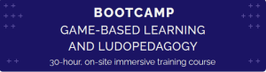 Banner with a dark blue background and small decorative plus signs. Large white text reads: “BOOTCAMP – Game-Based Learning and Ludopedagogy.” Below, smaller text states: “30-hour, on-site immersive training course.”