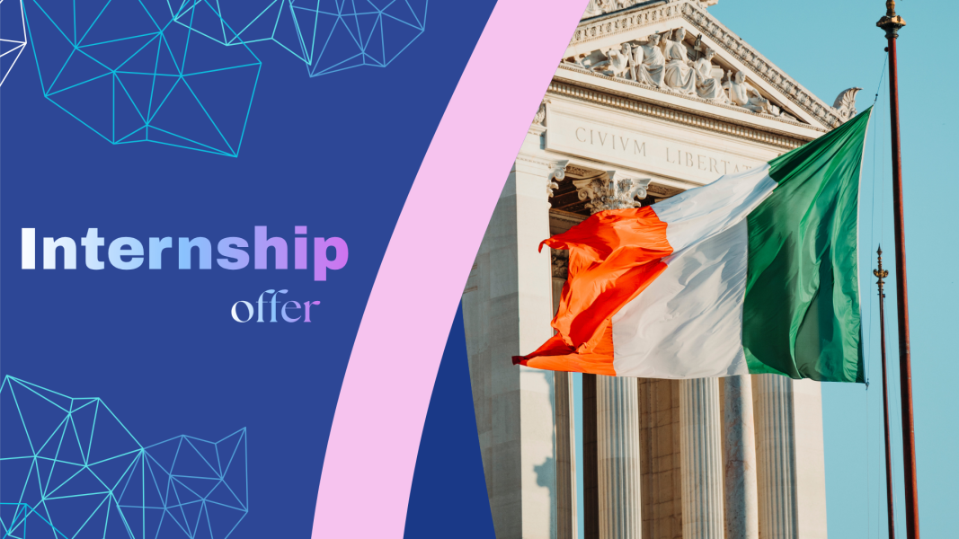 Graphic promoting an internship offer. The left side has a blue background with geometric line patterns and large text reading “Internship offer.” The right side shows the Italian flag waving in front of a neoclassical building with tall columns and sculptural details under a clear blue sky.