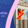 Graphic promoting an internship offer. The left side has a blue background with geometric line patterns and large text reading “Internship offer.” The right side shows the Italian flag waving in front of a neoclassical building with tall columns and sculptural details under a clear blue sky.