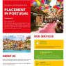 Colorful flyer promoting Erasmus+ Internships with Placement in Portugal. Top section shows the logo and a photo of a Portuguese street lined with rainbow umbrellas. Text explains personalized internship support and networking opportunities. Sections describe services including Support Services, Comprehensive Support, and Career Development. Another image shows a scenic city view by the river. Contact details, phone number, email, and website are listed at the bottom with the red banner Apply Now!