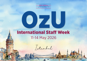 Watercolor-style poster for Özyeğin University’s International Staff Week, held May 11–14, 2026, in Istanbul. The design features iconic city landmarks including Galata Tower, Bosphorus Bridge, and Hagia Sophia. The university’s logo appears at the top, with event details in elegant serif font.