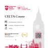  Advertisement for a CELTA certificate course offered online by International Balkan University and its Lifelong Learning Center, starting March and lasting five weeks, Monday to Friday. The poster includes logos for IBU and Cambridge Assessment English, a QR code labeled “Apply Now,” and a London-themed background with Big Ben, London Eye, and Tower Bridge
