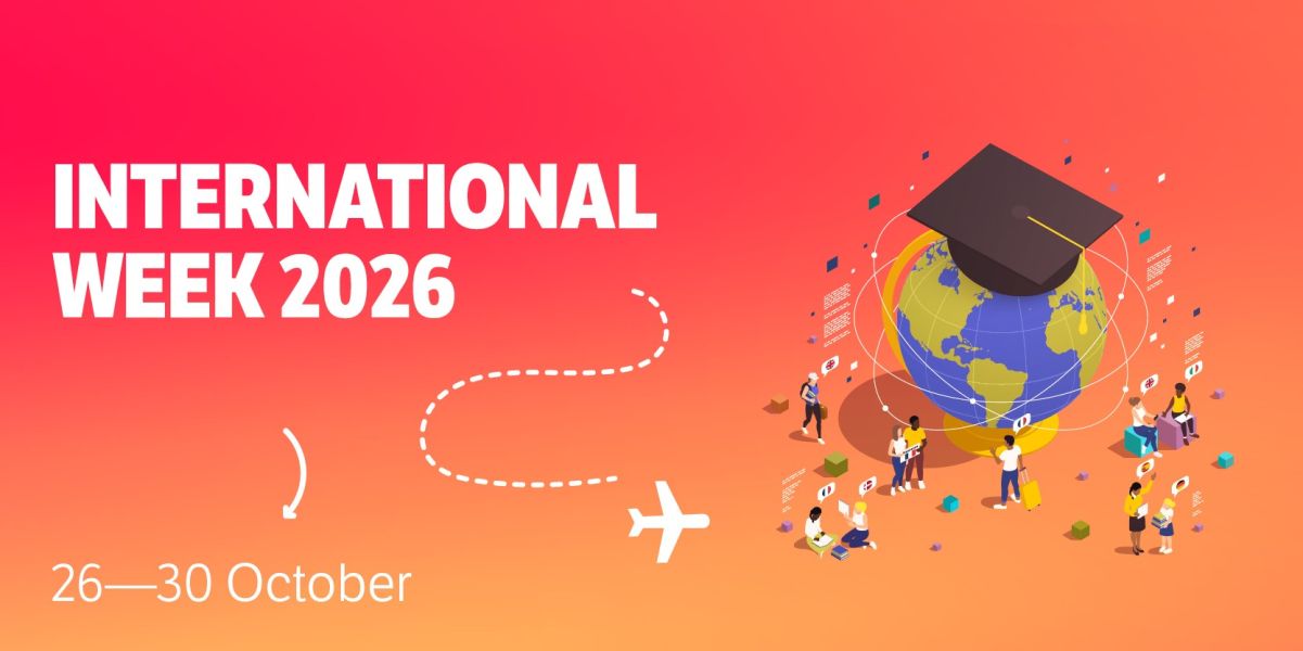 Promotional poster for International Week 2026, taking place 26–30 October. The background has an orange‑to‑pink gradient. On the right side, an illustrated globe wearing a graduation cap symbolizes global education. Around the globe, small groups of people are shown reading, talking, and interacting, with speech bubbles containing different national flags to represent international communication. A dotted travel line with a small airplane icon suggests global connection and mobility. The event title “International Week 2026” and the dates “26–30 October” appear on the left.