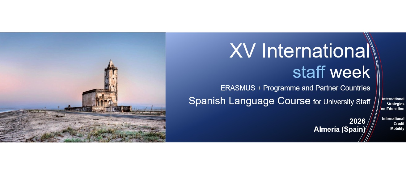 XV International Staff Week Erasmus+ Spanish Language Course banner featuring historic church landscape in Almería Spain and event information for university staff mobility 2026.