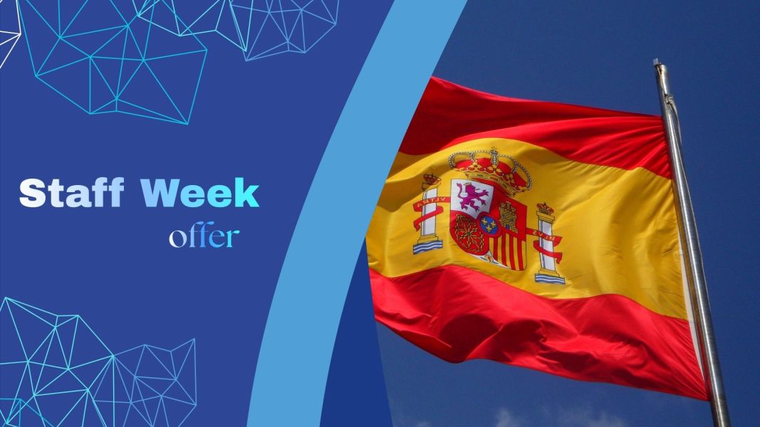 he Spanish flag waves against a clear blue sky, shown beside a blue graphic panel with the words “Staff Week offer” in bold white text and geometric line patterns.