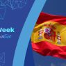 he Spanish flag waves against a clear blue sky, shown beside a blue graphic panel with the words “Staff Week offer” in bold white text and geometric line patterns.