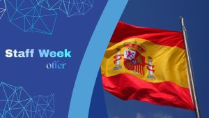 he Spanish flag waves against a clear blue sky, shown beside a blue graphic panel with the words “Staff Week offer” in bold white text and geometric line patterns.