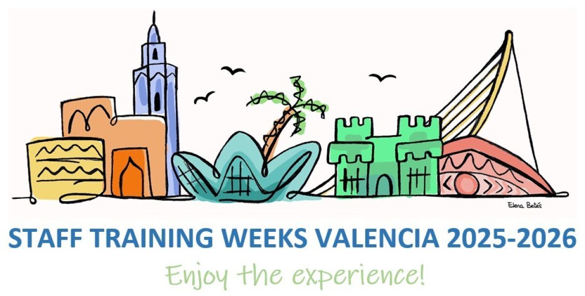Illustrated banner for Staff Training Weeks Valencia 2025–2026, featuring colorful hand-drawn landmarks of Valencia, Spain, with the text ‘Enjoy the experience’ promoting international university staff training