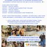 Poster advertising internship opportunities with Placement in Portugal. The layout includes photos of smiling students, people working on laptops, and colorful Portuguese streets. The main heading reads “Internship Opportunities at Placement in Portugal.” A subtitle states that the organization offers international internship opportunities for motivated students. Listed available positions are: INT018 Social Media; INT021 Tourism and Marketing Trainee; INT041 Social Media; INT029 Events Trainee; INT037 Events Organiser and Promoter. A message encourages students to start their professional journey in Portugal and make their Erasmus+ experience meaningful. A call to action says “Apply now and join our international team,” followed by the email internship@placementinportugal.com and the website placementinportugal.com. A bottom banner repeats “Internship Opportunities with Placement in Portugal” next to the PIP logo.