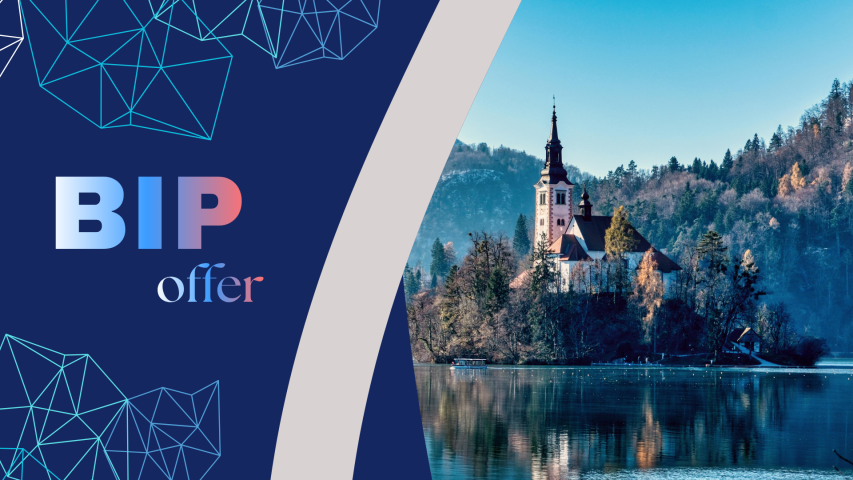 promotional graphic with a dark blue geometric background on the left displaying the text “BIP offer” in large gradient letters. On the right, a scenic photograph of a small island church with a tall steeple surrounded by a calm lake, forested hills, and autumn-colored trees under a bright blue sky.
