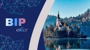 promotional graphic with a dark blue geometric background on the left displaying the text “BIP offer” in large gradient letters. On the right, a scenic photograph of a small island church with a tall steeple surrounded by a calm lake, forested hills, and autumn-colored trees under a bright blue sky.