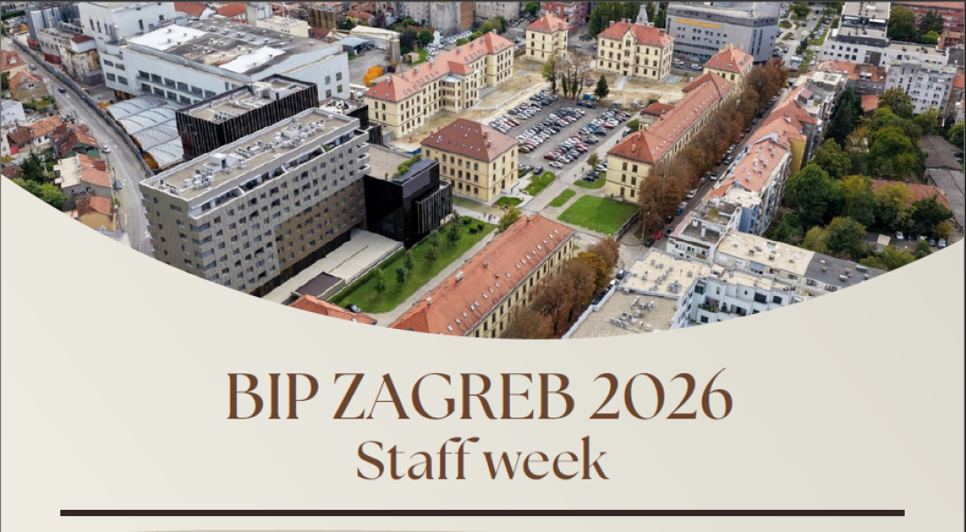 Banner for “BIP Zagreb 2026 – Staff Week” featuring an aerial view of a city with university buildings, streets, and parked cars. The event title is displayed prominently in the center below the image.