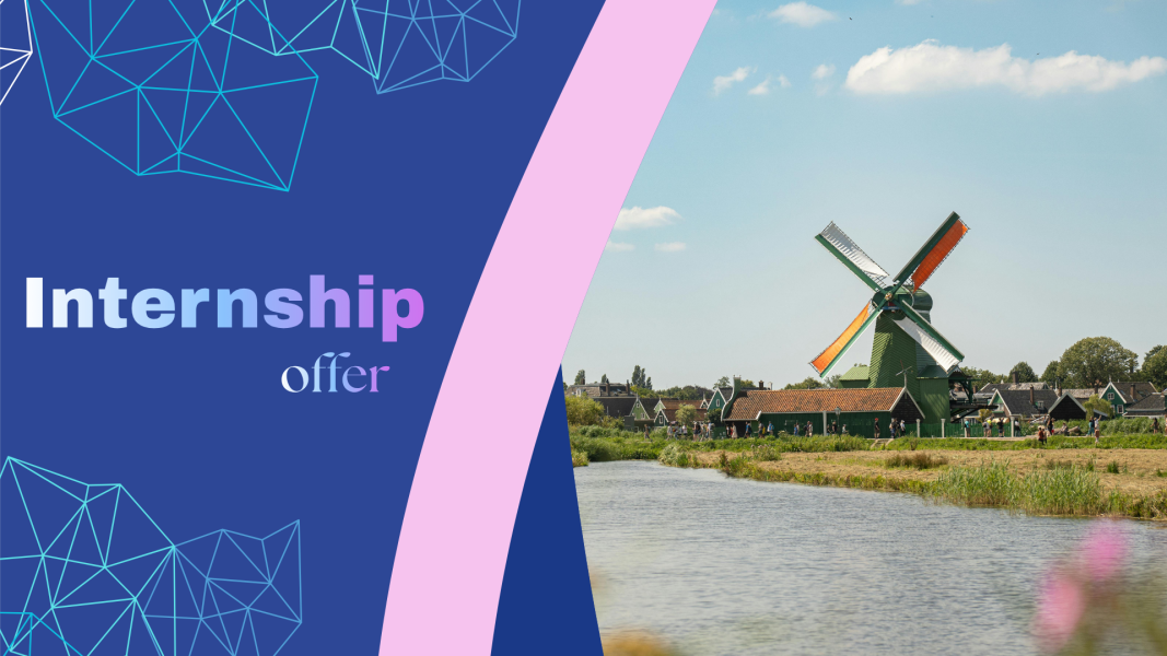 Split promotional graphic for an internship offer. The left side has a blue background with geometric line patterns in blue and purple tones. In the center, the text reads “Internship offer” in a gradient from light blue to purple. The right side shows a scenic countryside landscape with a traditional green windmill with orange and white blades beside a body of water. Small houses and people are visible in the background under a bright blue sky with scattered clouds.