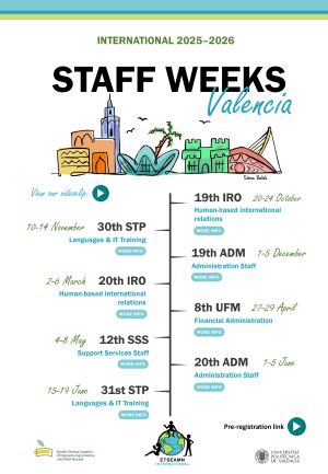 Colorful poster for International 2025–2026 Staff Weeks Valencia with illustrated city landmarks. A vertical timeline lists events: 30th STP Languages & IT Training, 10–14 Nov; 20th IRO Human-based International Relations, 2–6 Mar; 12th SSS Support Services Staff, 4–8 May; 31st STP Languages & IT Training, 15–19 Jun; 19th IRO Human-based International Relations, 20–24 Oct; 19th ADM Administration Staff, 1–5 Dec; 8th UFM Financial Administration, 27–29 Apr; and 20th ADM Administration Staff, 1–5 Jun. Includes video and pre-registration links.