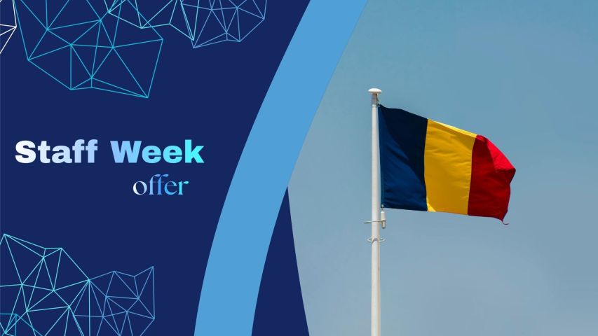 The Romanian flag waves against a clear blue sky, shown beside a blue graphic panel with the words “Staff Week offer” in bold white text and geometric line patterns.