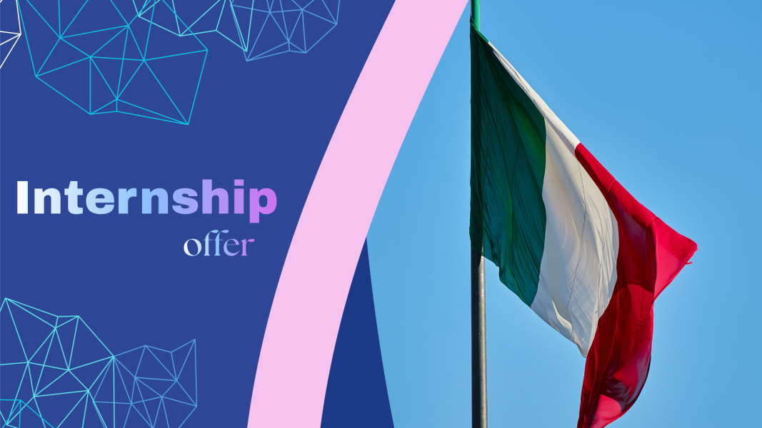  Split graphic with a blue geometric background on the left displaying the text “Internship offer” in gradient colors. On the right, a photograph of the Italian national flag—green, white, and red vertical stripes—waving on a flagpole against a clear blue sky.