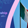 Split graphic with a blue geometric background on the left displaying the text “Internship offer” in gradient colors. On the right, a photograph of the Italian national flag—green, white, and red vertical stripes—waving on a flagpole against a clear blue sky.