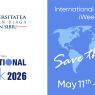 Graphic promoting International Week 2026 at Lucian Blaga University of Sibiu (ULBS), held May 11–15. The left side features the university’s logo and name in Romanian and English. The right side shows a blue map with a red pin marking Sibiu, Romania, and event details encouraging viewers to save the date.