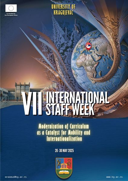 Poster for the VII International Staff Week at the University of Kragujevac, co-funded by the European Union, held from 26–30 May 2025. Theme: “Modernization of Curriculum as a Catalyst for Mobility and Internationalization.” Features a globe, campus imagery, and event details.