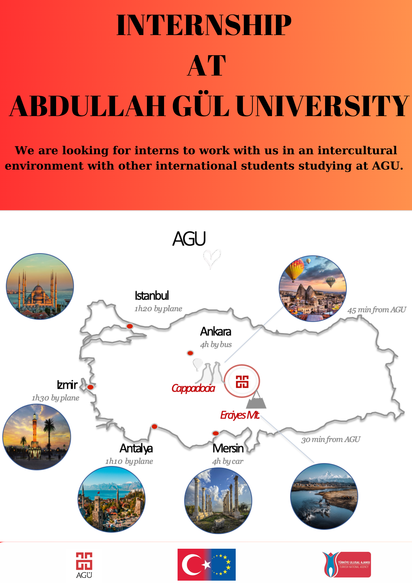 Poster promoting internship opportunities at Abdullah Gül University in Turkey. The top section features bold text on a red-orange gradient background. Below is a map of Turkey with travel times from AGU to major cities and landmarks, including Istanbul, Ankara, Izmir, Antalya, Mersin, Cappadocia, and Erciyes Mountain. Logos for AGU, the Turkish National Agency, and the EU appear at the bottom.