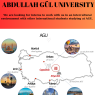 Poster promoting internship opportunities at Abdullah Gül University in Turkey. The top section features bold text on a red-orange gradient background. Below is a map of Turkey with travel times from AGU to major cities and landmarks, including Istanbul, Ankara, Izmir, Antalya, Mersin, Cappadocia, and Erciyes Mountain. Logos for AGU, the Turkish National Agency, and the EU appear at the bottom.