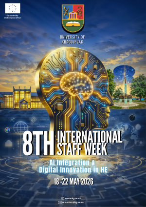 Futuristic poster for the 8th International Staff Week at the University of Kragujevac, themed “AI Integration & Digital Innovation in HE,” held May 18–22, 2026. The design features a glowing digital human head with circuit patterns, modern architecture, a globe, and interface graphics. Logos for the EU and university appear at the top.