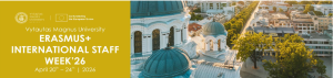 Promotional banner for Vytautas Magnus University's Erasmus+ International Staff Week 2026, held April 20–24. The left side features a yellow background with event details and logos of the university and Erasmus+. The right side shows an aerial view of a city with a blue-domed classical building surrounded by trees and modern architecture.
