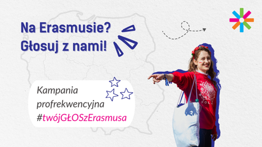 Promotional graphic encouraging Erasmus students to vote, featuring a smiling young woman pointing with her thumb, wearing a red Polish sweatshirt and a flower crown. Behind her is an outline of Poland. Text reads: “Na Erasmusie? Głosuj z nami!” and “Kampania profrekwencyjna #twójGŁOSzErasmusa.”