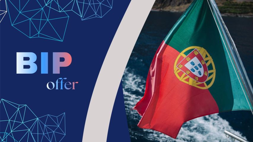 A promotional graphic split into two parts: on the left, a dark blue panel with geometric line patterns and the words “BIP offer” in large gradient letters; on the right, the Portuguese flag waves on a pole above the ocean, with waves and a rocky coastline visible in the background.